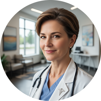 A woman wearing a white coat and a stethoscope.