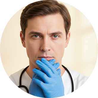 A male doctor in a white shirt and blue gloves.