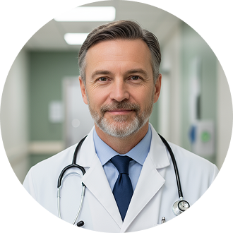 A male doctor in a white coat and tie.